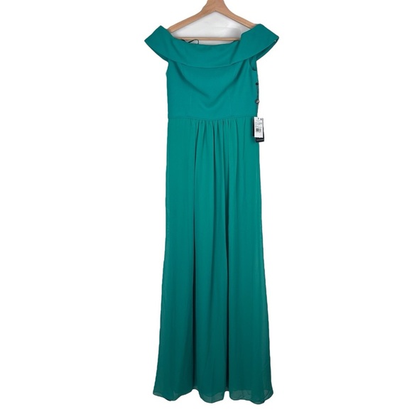 ADRIANNA PAPELL BOTANIC GREEN OFF THE SHOULDER CREPE CHIFFON EVENING GOWN DRESS - Picture 3 of 12